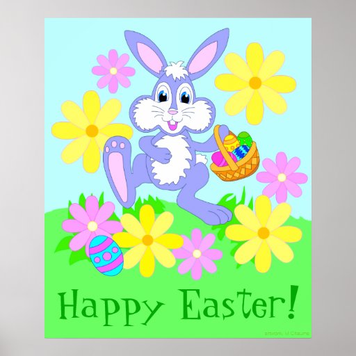 Happy Easter Bunny Cute Cartoon Rabbit Flowers Poster | Zazzle