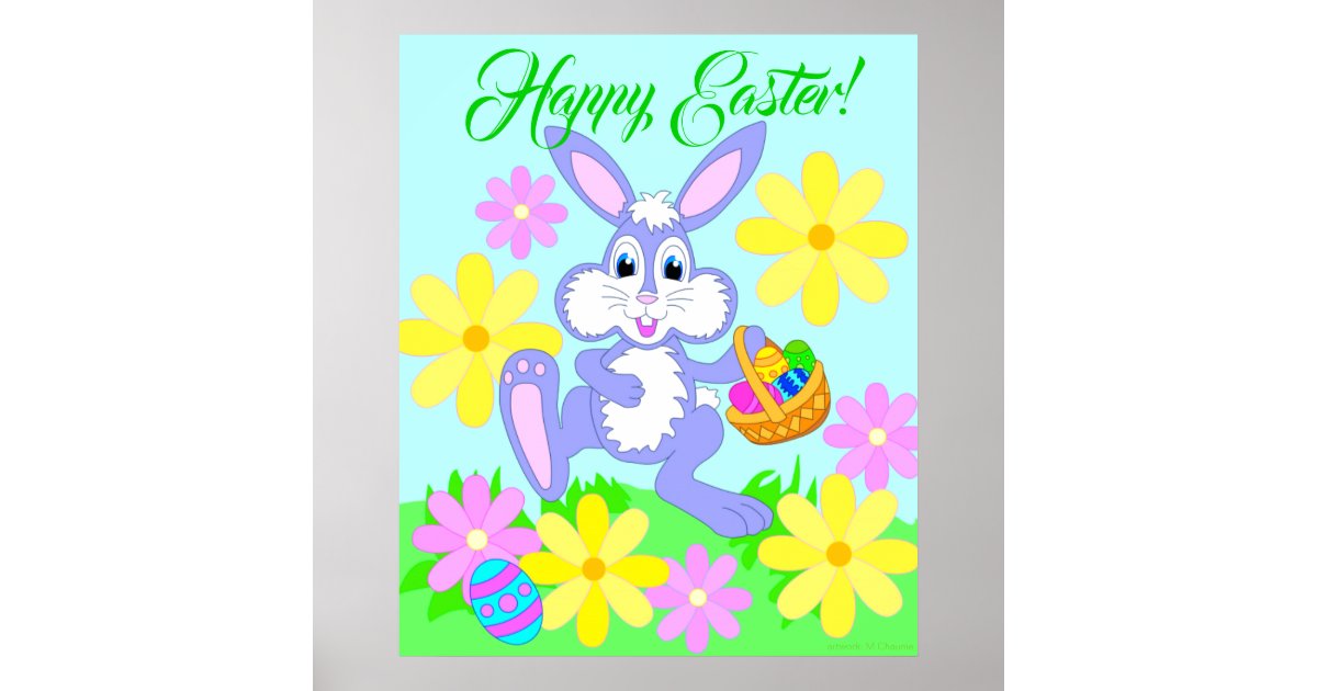 Happy Easter Bunny Cute Cartoon Rabbit Flowers Poster | Zazzle