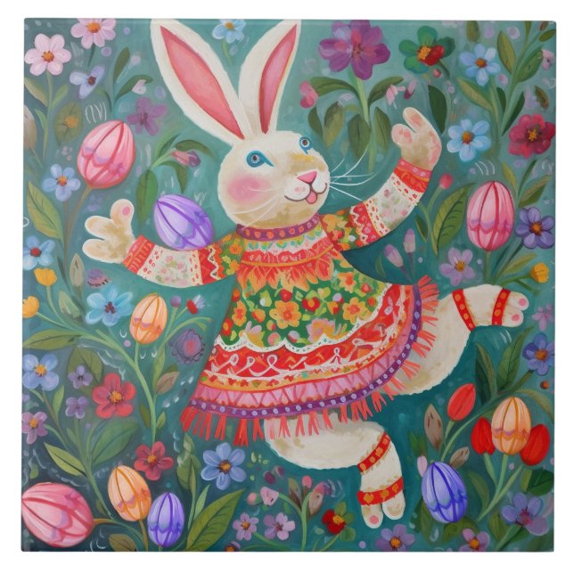 Happy Easter Bunny Dance Ceramic Tile (Front)