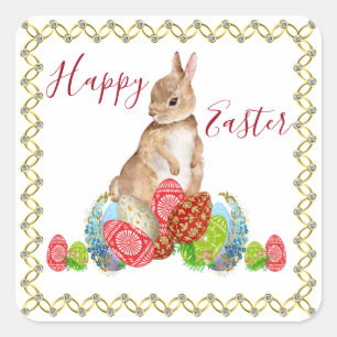Happy Easter Bunny Decorative Eggs Floral Elegant Square Sticker