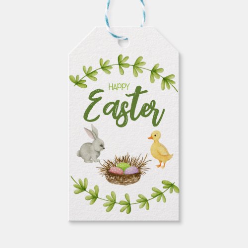 Happy Easter bunny duck eggs in basket Gift Tags