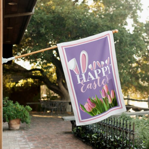 Happy Easter Bunny Ears and Easter Tulips House Fl House Flag