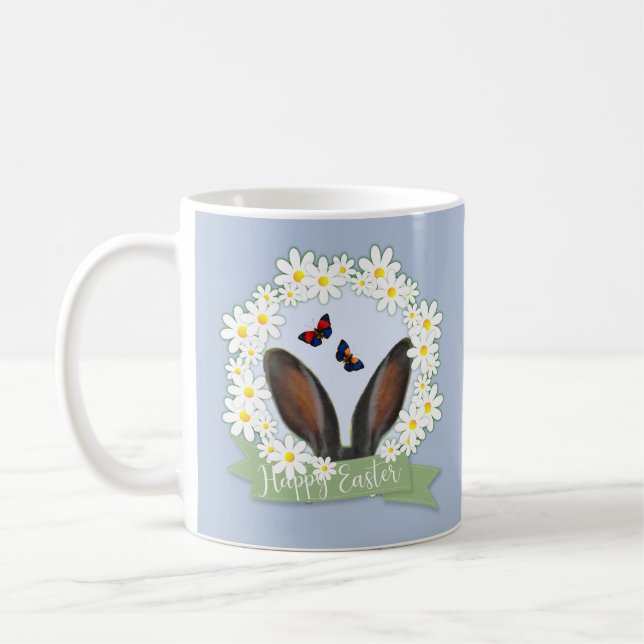 Happy Easter Bunny Ears Daisies Wreath Coffee Mug (Left)