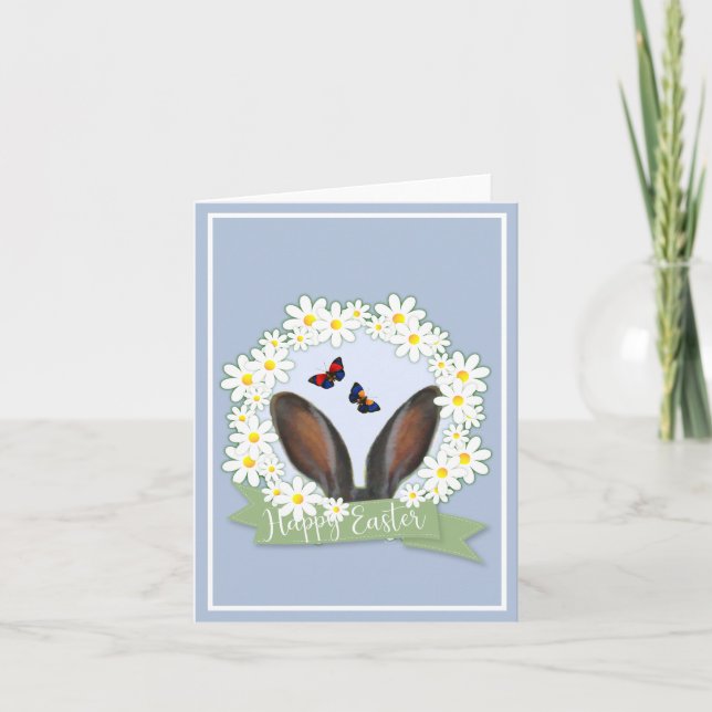 Happy Easter Bunny Ears Daisies Wreath Holiday Card (Front)