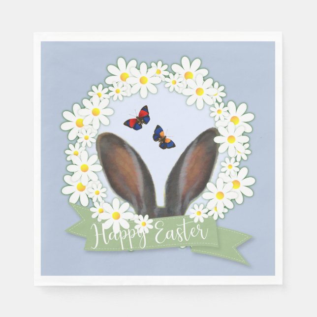 Happy Easter Bunny Ears Daisies Wreath Napkins (Front)