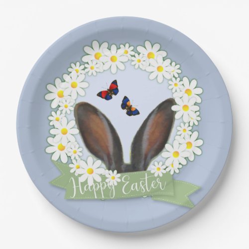 Happy Easter Bunny Ears Daisies Wreath Paper Plates
