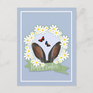 Happy Easter Bunny Ears Daisies Wreath Postcard