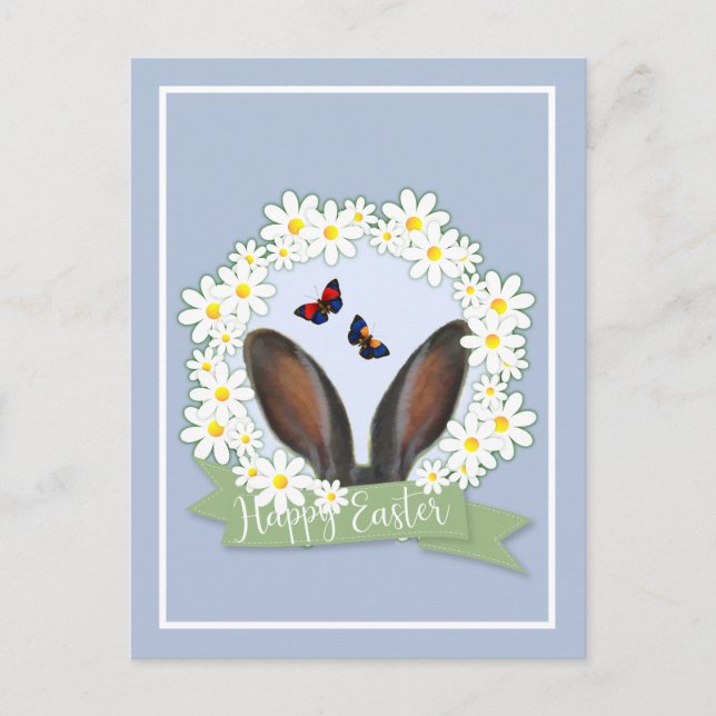 Happy Easter Bunny Ears Daisies Wreath Postcard (Front)