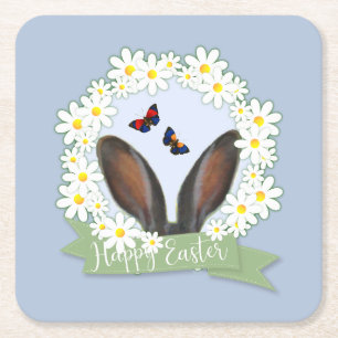 Happy Easter Bunny Ears Daisies Wreath Square Paper Coaster