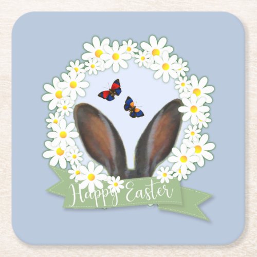 Happy Easter Bunny Ears Daisies Wreath Square Paper Coaster