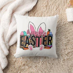 Happy Easter Bunny Ears Leopard Print Plaid Graphi Throw Pillow