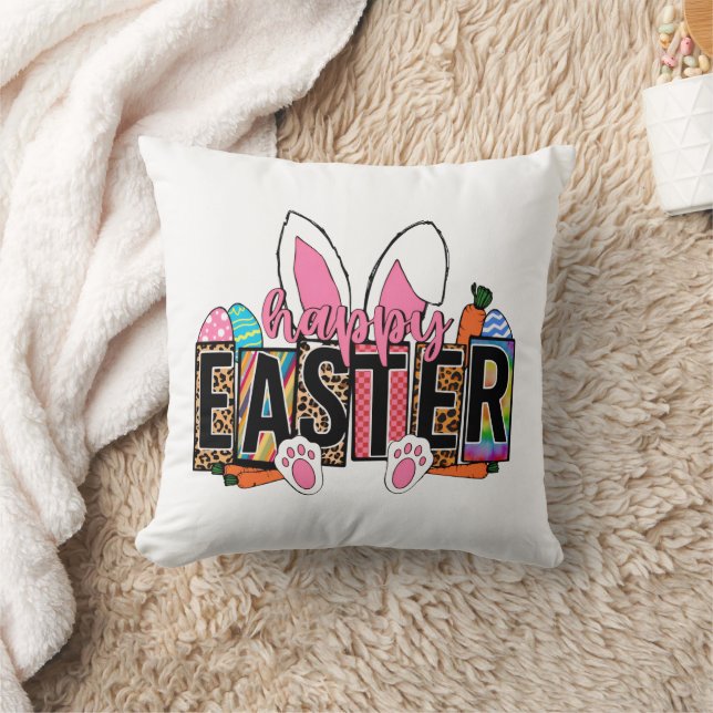 Happy Easter Bunny Ears Leopard Print Plaid Graphi Throw Pillow (Blanket)