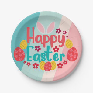 Happy Easter Bunny Ears Pink Blue Eggs Paper Plates