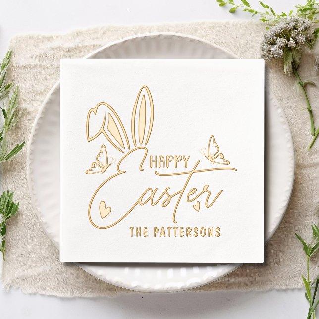 Happy Easter Bunny Ears Script Personalized Name Foil Napkins (Creator Uploaded)