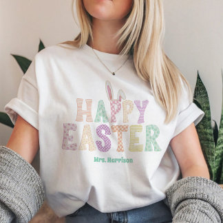 Happy Easter Bunny Ears Teacher Name Typography Tri-Blend Shirt