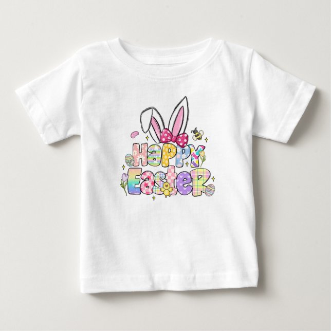Happy Easter Bunny Ears with Coquette Bow Baby T-Shirt (Front)