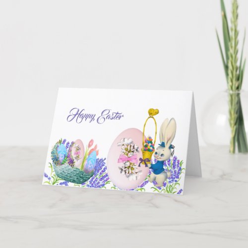 Happy Easter Bunny Egg Basket Lilac Elegant Card