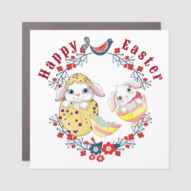 Happy Easter Bunny Egg Floral Wreath Bird Car Magnet (Front)