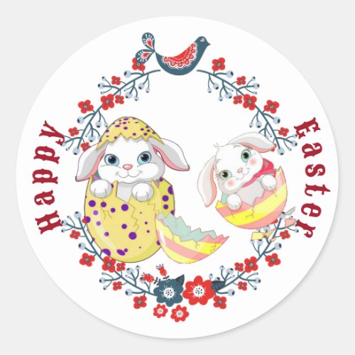  Happy Easter Bunny Egg Floral Wreath Bird Classic Round Sticker