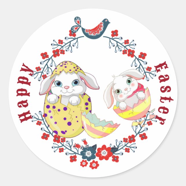  Happy Easter Bunny Egg Floral Wreath Bird Classic Round Sticker (Front)