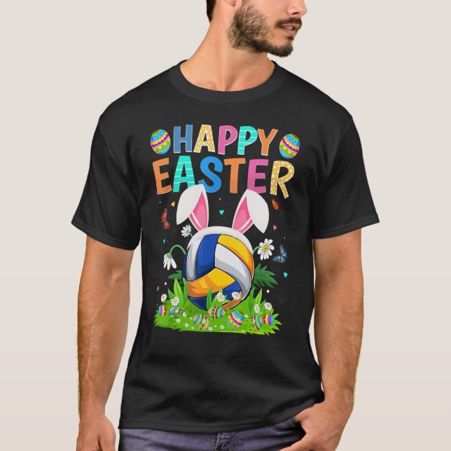 Happy Easter Bunny Egg Funny Volleyball Easter Sun T-Shirt (Front)