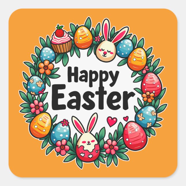 Happy Easter – Bunny & Eggs - Autocolante Square Sticker (Front)