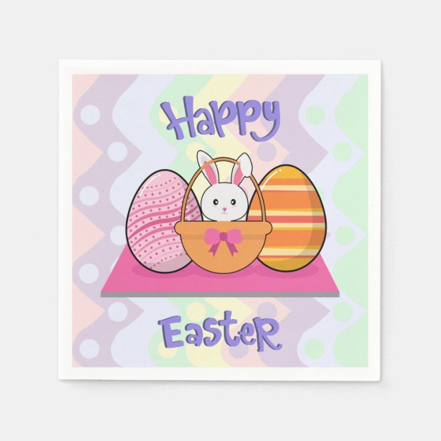 Happy Easter Bunny Eggs Basket Cute Easter Napkins (Front)