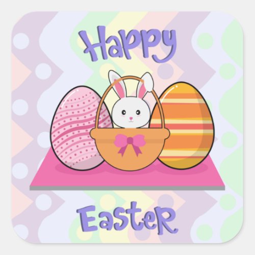 Happy Easter Bunny Eggs Basket Cute Easter  Square Sticker