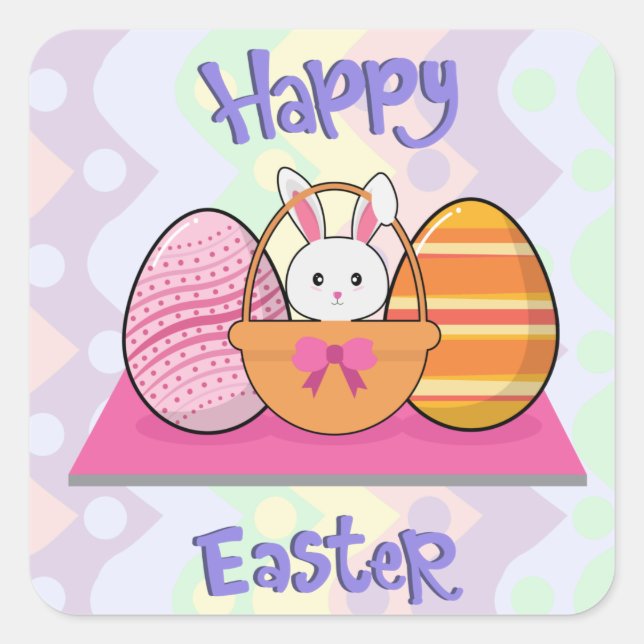 Happy Easter Bunny Eggs Basket  Square Sticker (Front)