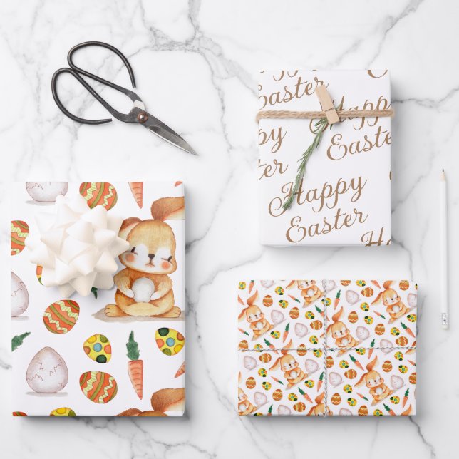 Happy Easter, Bunny & Eggs Coordinated Wrapping Paper Sheets (Front)