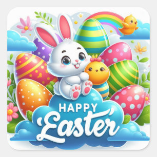 Happy Easter - Bunny Eggs in Pastel Colors Square Sticker