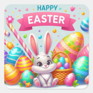 Happy Easter - Bunny Eggs in Pastel Colors Square Sticker