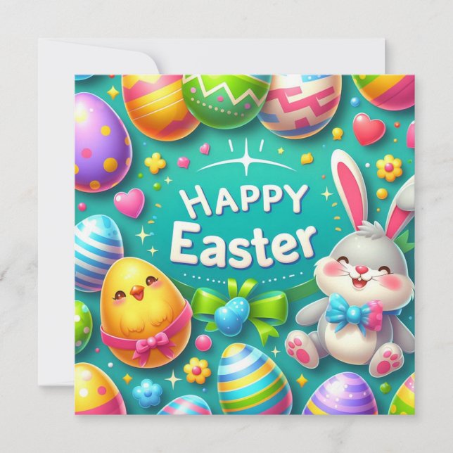 Happy Easter - Bunny Eggs in Vibrant Colors Holiday Card (Front)