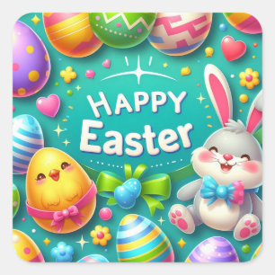 Happy Easter - Bunny Eggs in Vibrant Colors Square Sticker