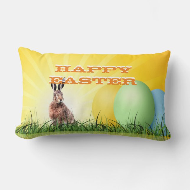 HAPPY EASTER - Bunny & Eggs Lumbar Pillow (Front)