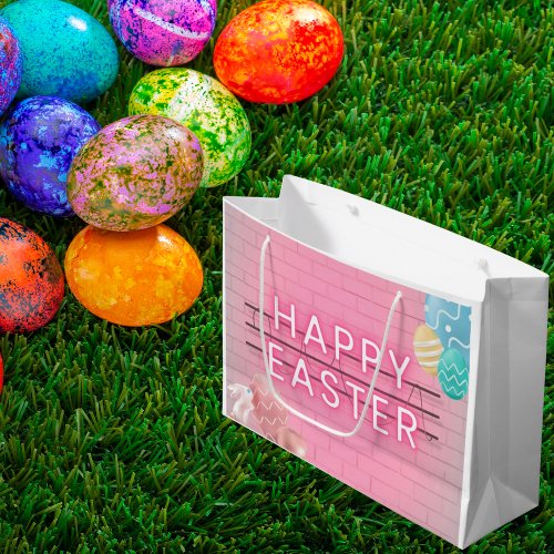 Happy Easter Bunny Eggs Pink Neon Sign Large Gift Bag