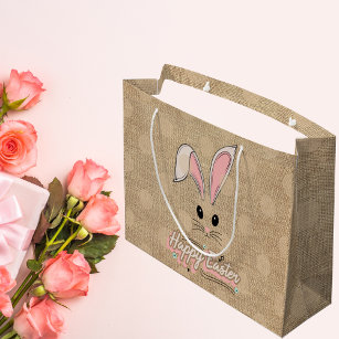 Happy Easter Bunny Face Neutral Polka Dots Large Gift Bag