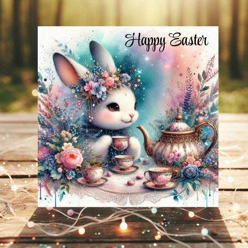 Happy Easter Bunny Festive Watercolor Tea Party  Holiday Card