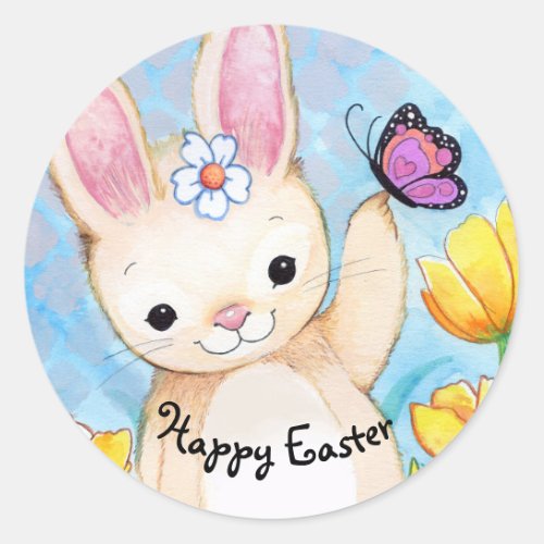 Happy Easter Bunny Floral and Butterfly Classic Round Sticker