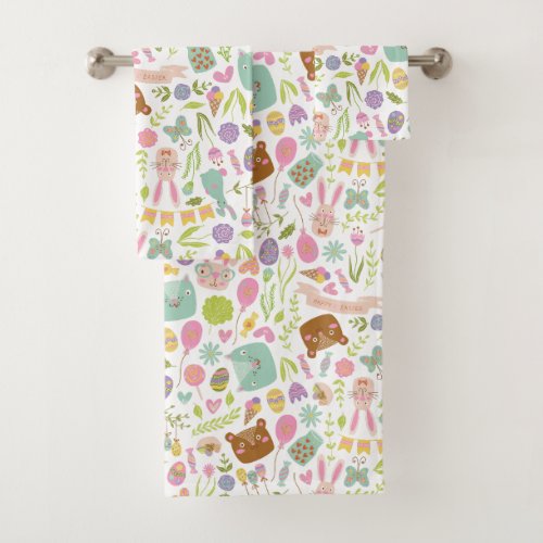 Happy Easter Bunny Floral Pattern Bath Towel Set
