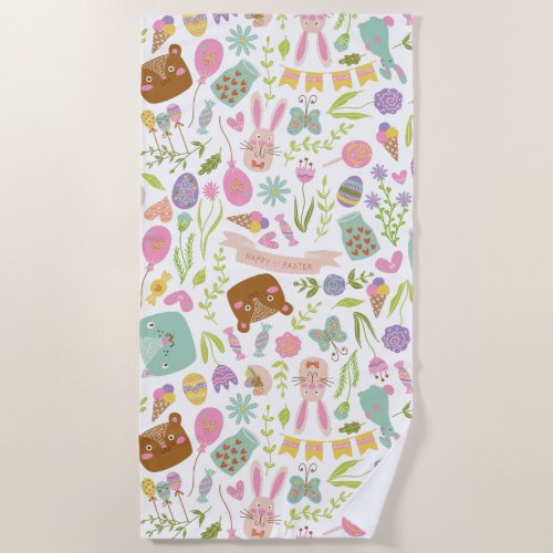Happy Easter Bunny Floral Pattern Beach Towel