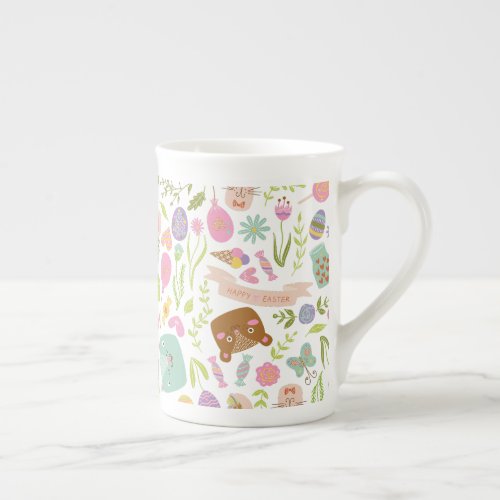 Happy Easter Bunny Floral Pattern Bone China Mug