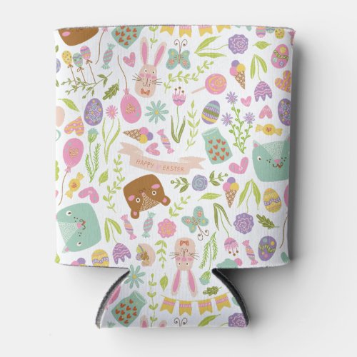 Happy Easter Bunny Floral Pattern Can Cooler