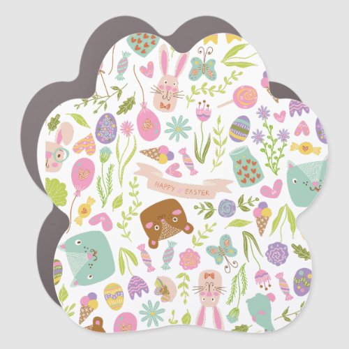 Happy Easter Bunny Floral Pattern Car Magnet