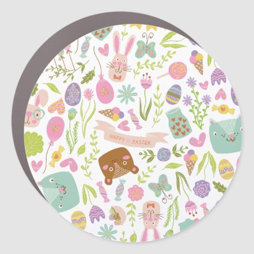 Happy Easter Bunny Floral Pattern Car Magnet