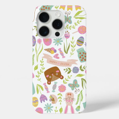 Happy Easter Bunny Floral Pattern iPhone 15 Pro Case