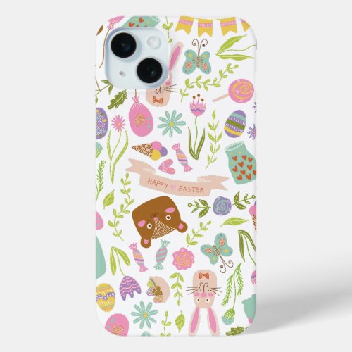 Happy Easter Bunny Floral Pattern iPhone 15 Plus Case