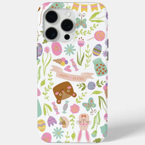 Happy Easter Bunny Floral Pattern iPhone 15 Pro Max Case