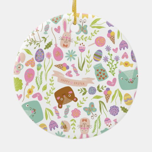 Happy Easter Bunny Floral Pattern Ceramic Ornament