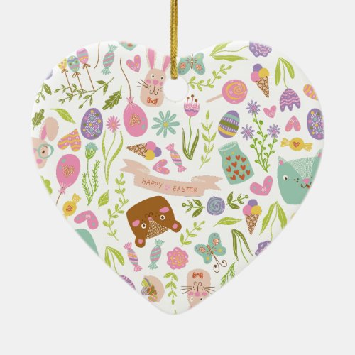 Happy Easter Bunny Floral Pattern Ceramic Ornament